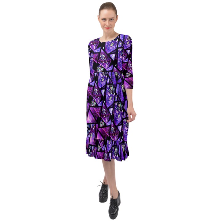  Blue purple Shattered Glass Ruffle End Midi Chiffon Dress