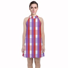 Gingham Pattern Line Velvet Halter Neckline Dress 