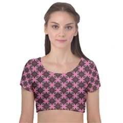 Purple Pattern Texture Velvet Short Sleeve Crop Top 