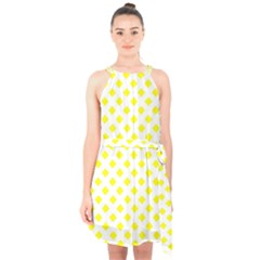 Yellow White Halter Collar Waist Tie Chiffon Dress