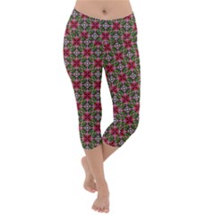 Decorative Flower Lightweight Velour Capri Yoga Leggings by Bajindul