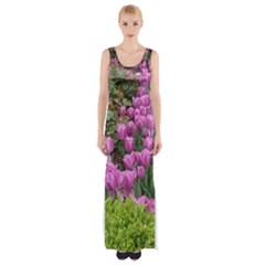 Late April Purple Tulip Maxi Thigh Split Dress by Riverwoman