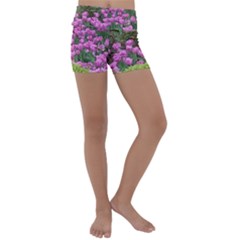 Late April Purple Tulip Kids  Lightweight Velour Yoga Shorts by Riverwoman