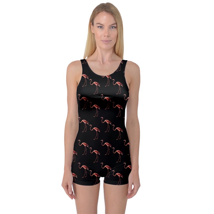 Flamingo Pattern Black One Piece Boyleg Swimsuit