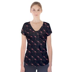 Flamingo Pattern Black Short Sleeve Front Detail Top by snowwhitegirl