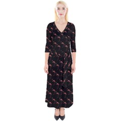 Flamingo Pattern Black Quarter Sleeve Wrap Maxi Dress