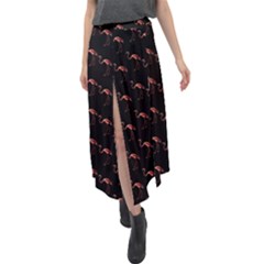 Flamingo Pattern Black Velour Split Maxi Skirt