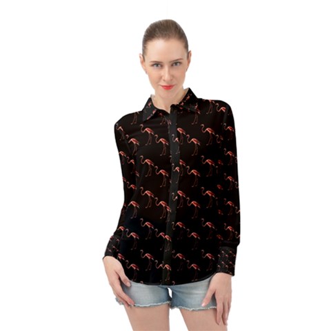 Flamingo Pattern Black Long Sleeve Chiffon Shirt by snowwhitegirl