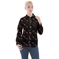 Flamingo Pattern Black Women s Long Sleeve Pocket Shirt