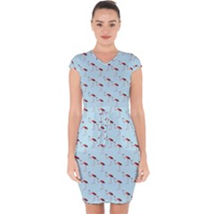 Flamingo Pattern Blue Capsleeve Drawstring Dress  by snowwhitegirl