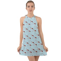 Flamingo Pattern Blue Halter Tie Back Chiffon Dress