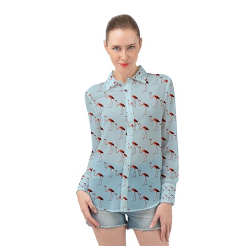 Flamingo Pattern Blue Long Sleeve Chiffon Shirt by snowwhitegirl