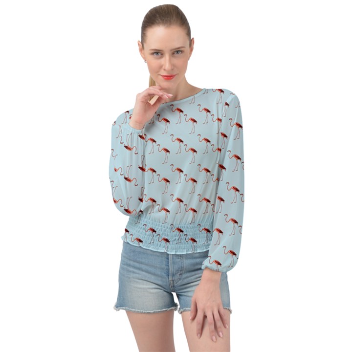 Flamingo Pattern Blue Banded Bottom Chiffon Top