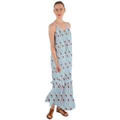 Flamingo Pattern Blue Cami Maxi Ruffle Chiffon Dress