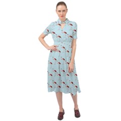 Flamingo Pattern Blue Keyhole Neckline Chiffon Dress