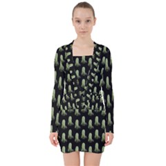 Cactus Black Pattern V-neck Bodycon Long Sleeve Dress by snowwhitegirl