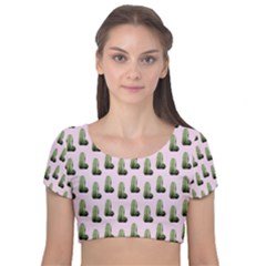 Cactus Pink Pattern Velvet Short Sleeve Crop Top 