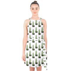 Cactus White Pattern Halter Collar Waist Tie Chiffon Dress by snowwhitegirl