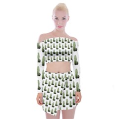 Cactus White Pattern Off Shoulder Top With Mini Skirt Set