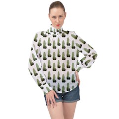 Cactus White Pattern High Neck Long Sleeve Chiffon Top