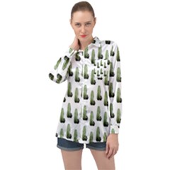 Cactus White Pattern Long Sleeve Satin Shirt