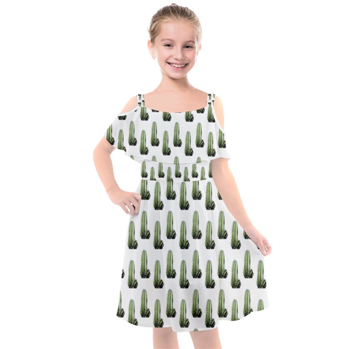 Cactus White Pattern Kids  Cut Out Shoulders Chiffon Dress