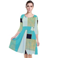 Turquoise,black And Gold Quarter Sleeve Waist Band Dress