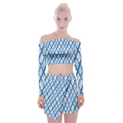 Geometric Overlay Blue Off Shoulder Top With Mini Skirt Set