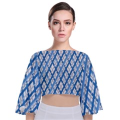 Geometric Overlay Blue Tie Back Butterfly Sleeve Chiffon Top by Bajindul