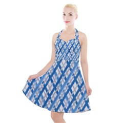 Geometric Overlay Blue Halter Party Swing Dress  by Bajindul