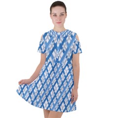 Geometric Overlay Blue Short Sleeve Shoulder Cut Out Dress  by Bajindul