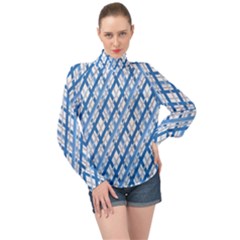 Geometric Overlay Blue High Neck Long Sleeve Chiffon Top