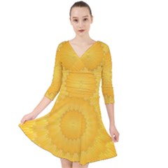 Wave Lines Yellow Quarter Sleeve Front Wrap Dress