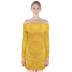 Wave Lines Yellow Long Sleeve Off Shoulder Dress