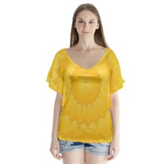 Wave Lines Yellow V-neck Flutter Sleeve Top