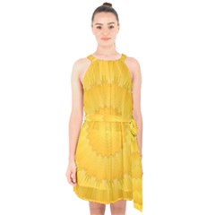 Wave Lines Yellow Halter Collar Waist Tie Chiffon Dress by HermanTelo