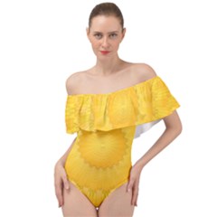 Wave Lines Yellow Off Shoulder Velour Bodysuit 