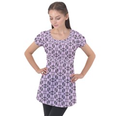 Texture Tissue Seamless Flower Puff Sleeve Tunic Top