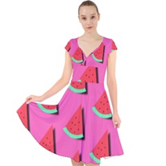 Fresh Watermelon Slices Cap Sleeve Front Wrap Midi Dress