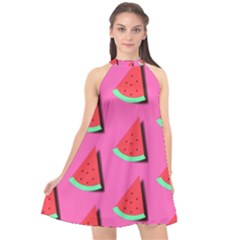 Fresh Watermelon Slices Halter Neckline Chiffon Dress 