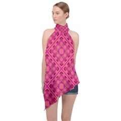 Pink Geometric  Halter Asymmetric Satin Top