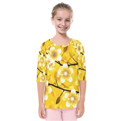 Floral Pattern Background Yellow Kids  Quarter Sleeve Raglan Tee