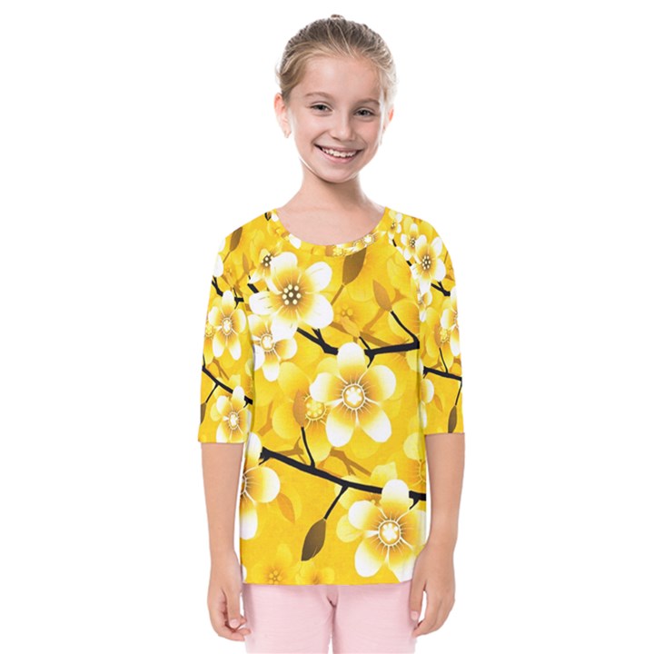 Floral Pattern Background Yellow Kids  Quarter Sleeve Raglan Tee