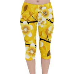 Floral Pattern Background Yellow Velvet Capri Leggings 