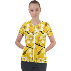 Floral Pattern Background Yellow Short Sleeve Zip Up Jacket by Pakrebo