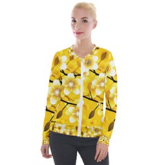 Floral Pattern Background Yellow Velour Zip Up Jacket by Pakrebo