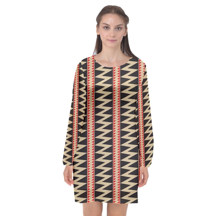 Zigzag Tribal Ethnic Background Long Sleeve Chiffon Shift Dress 