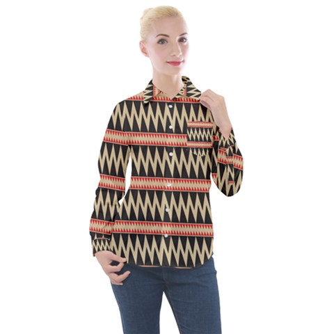 Zigzag Ethnic Pattern Background Women s Long Sleeve Pocket Shirt by Pakrebo