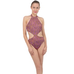 Gold Purple Abstract Background Halter Side Cut Swimsuit by Pakrebo