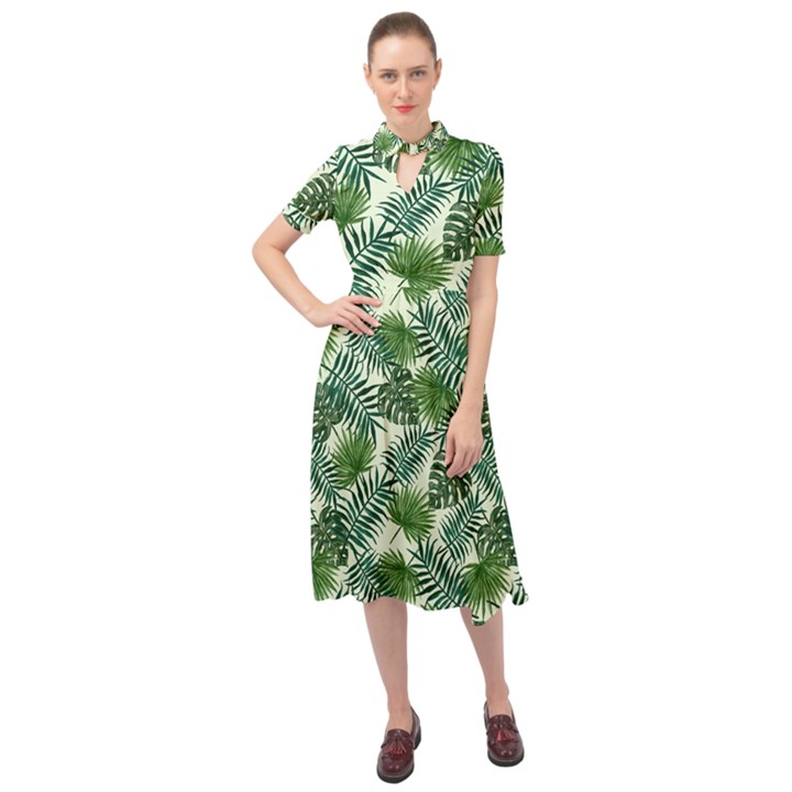 Leaves Tropical Wallpaper Foliage Keyhole Neckline Chiffon Dress